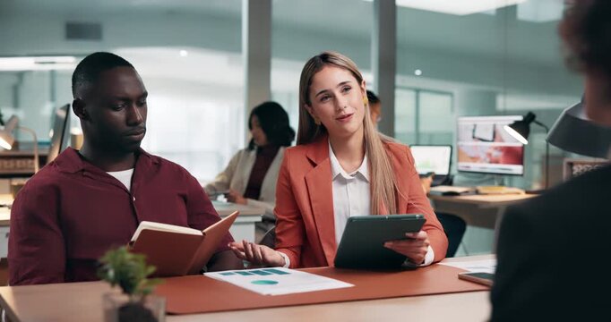 HR, questions and business people with applicant, interview or listening to qualifications in office. Hiring, company and discussion with candidate for job opportunity, happy and team with tablet