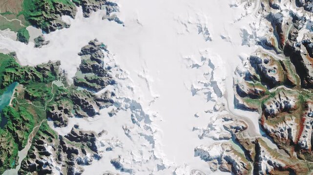 Bird's eye view on north Patagonia. Ice, glaciers and mountains covered with snow. Camera is moving backward and right. Animation based on image by NASA