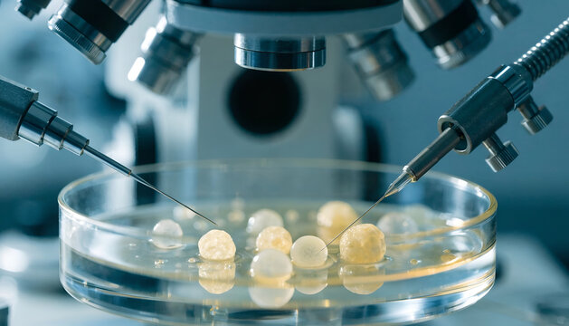 Microscopic IVF Fertilization Procedure in Laboratory Petri Dish