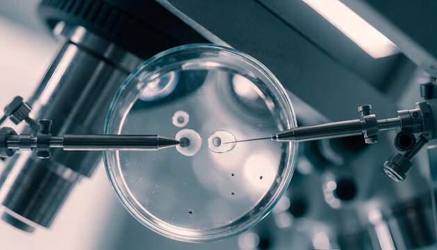 Microscopic IVF Fertilization Procedure in Laboratory Petri Dish