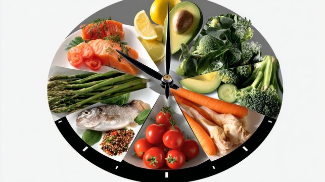 Plate Clock Design Featuring Healthy Food Items Divided into Sections