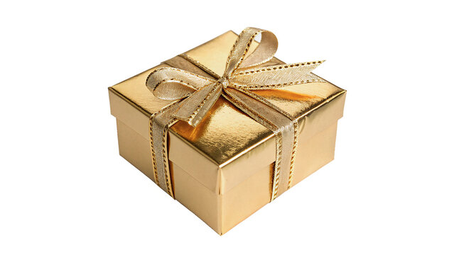 Luxury golden gift box tied with a shiny gold metallic ribbon bow holiday celebration surprise isolated on transparent background cut out