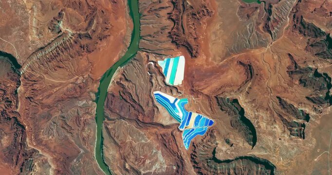 Top view on potash ponds, red rocks, deserted dry area with canyon of a river. Camera is moving left and down. Animation based on image by NASA