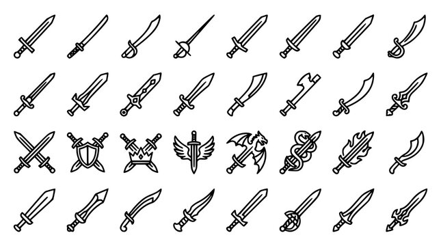 Minimal Sword Outline Icons with Medieval Katana Fantasy Battle Weapon Vector Illustration Pack