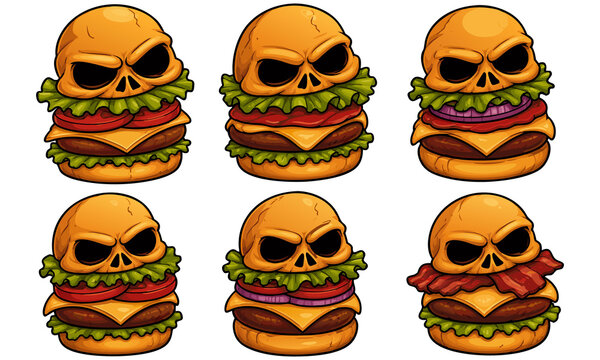 Skull burger illustration for Halloween or horror themes. Creative skull and burger design for spooky branding or packaging.