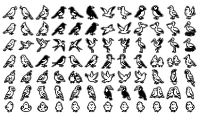 Fototapeta premium Hand Drawn Bird Doodle Mega Pack with Cute Black and White Cartoon Avian Vector Collection