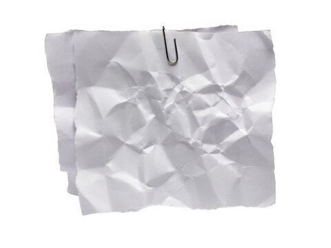 Stack of white crumpled paper sheets with silver paperclip isolated on transparent background for creative graphic work