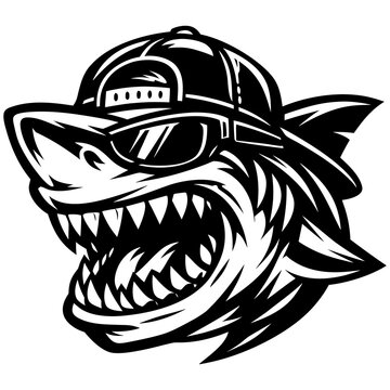 Aggressive shark wearing a cap and sunglasses. Cartoon-style predator with a cool attitude.
