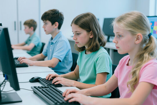 Caucasian schoolchildren using desktop computers during coding lesson in computer lab, building digital skills and focused learning. Ideal for education technology, STEM training, digital literacy