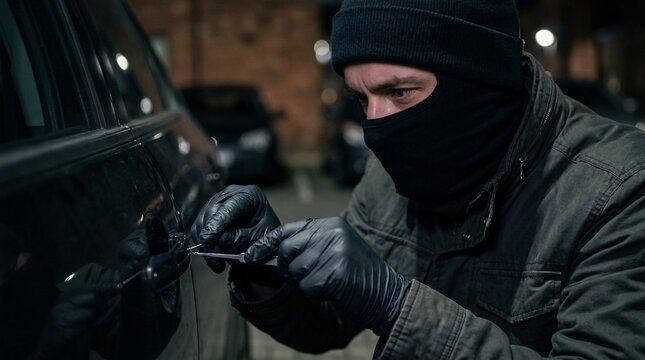 Close-up of a criminal in a balaclava and gloves using lockpick tools to break into a black vehicle parked outdoors at night.