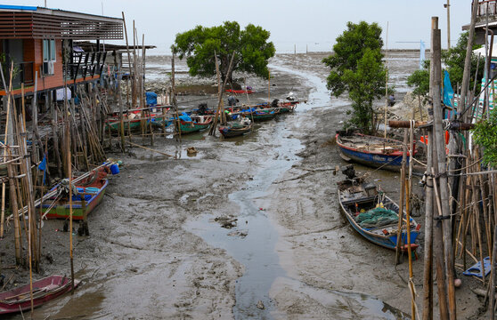 The surrounding living conditions of a small fishing village by the sea in Bang Pu District, Samut Prakan Province, Thailand, photographed on July 30, 2026.