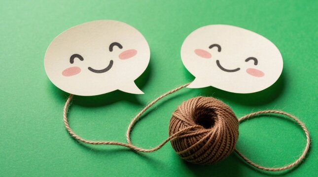 Two smiling speech bubbles connected by thread represent friendly chat and communication. Simple craft art conveys connection and dialogue on green backdrop. Ideas shared across people.