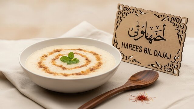 Gourmet Harees Bil Dajaj chicken wheat porridge, elegant traditional presentation with soft beige copy space