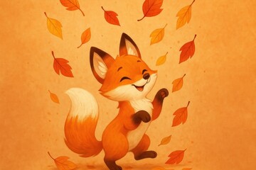 Obraz premium Playful fox amidst falling leaves background
