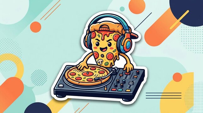 Cartoon pizza slice DJ wearing headphones and a baseball cap, scratching a pepperoni pizza on a turntable mixer deck against an abstract geometric background vector illustration.