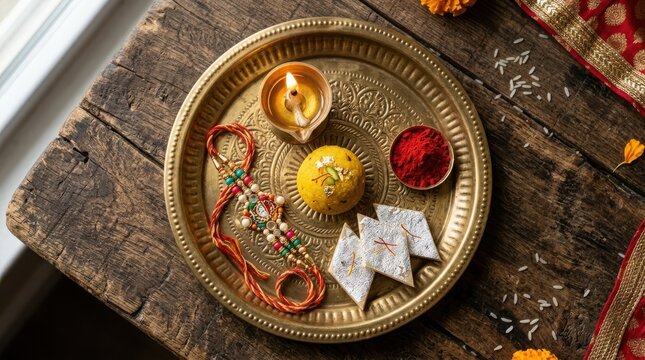 Traditional brass thali plate with rakhi sweets lamp and vermilion powder on rustic wooden surface for festive occasion.