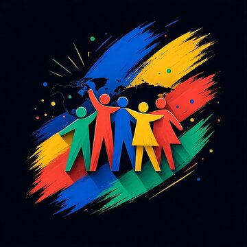 Colorful group of people standing together with paint strokes