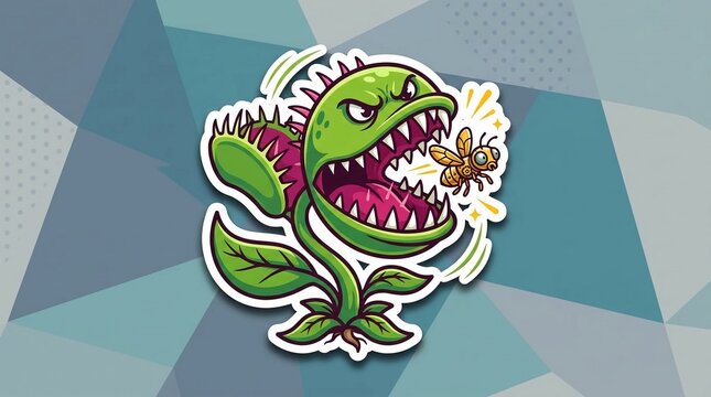Cartoon sticker illustration of an angry green Venus Flytrap with sharp teeth and wide open mouth catching a honey bee, set against a blue geometric pattern background.