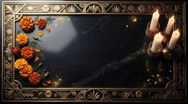 Bright orange marigold flowers arranged elegantly on polished black marble with glowing white candles inside an ornate gold frame border