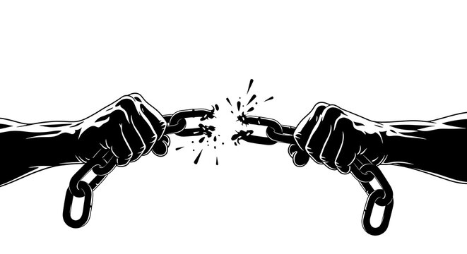Powerful hands breaking a metal chain apart