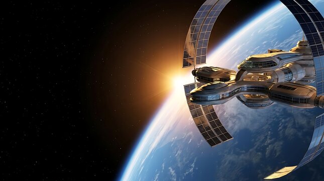 Space station orbiting Earth. Futuristic orbital outpost above planet with sunrise.