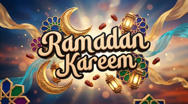 Ramadan kareem greeting background with golden crescent moon and glowing lanterns for islamic holy month celebration