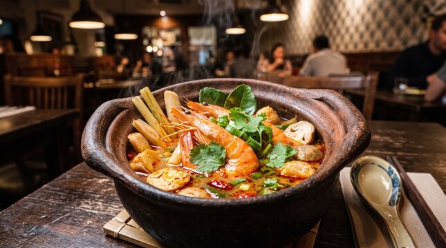Authentic Thai Seafood Soup Tom Yum with Lemongrass and Chili

