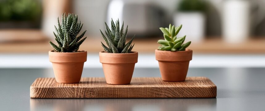 Three potted succulent plants on a wooden stand indoors