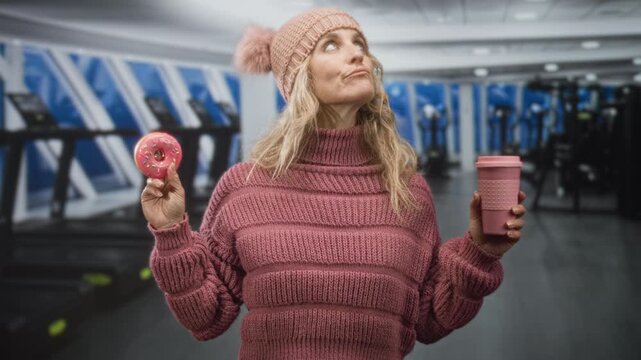 Woman holds pink donut and reusable coffee cup in gym, wearing pink knit sweater and pompom hat while holding donut up and looking conflicted; temptation.