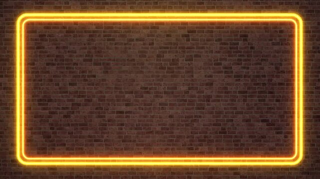 Glowing Yellow Neon Rectangular Frame Flickering on Dark Brick Wall Background