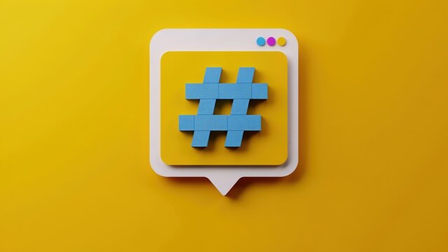 Three dimensional blue hashtag symbol icon on yellow social media notification speech bubble with user interface