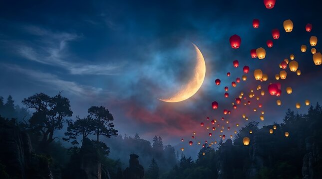 Floating paper lanterns at night. Sky lanterns rising under a crescent moon.