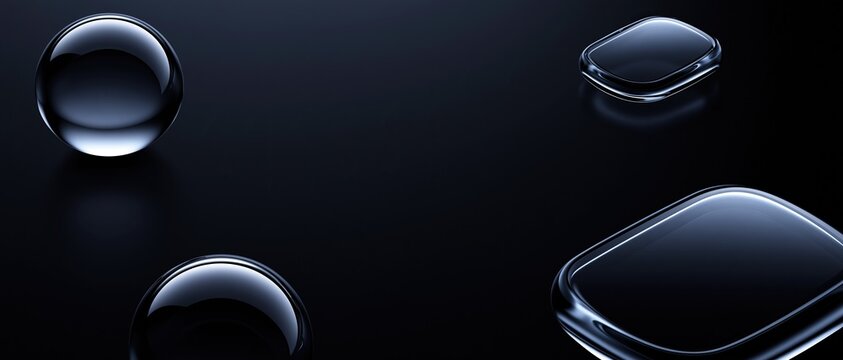 Glossy transparent glass geometric shapes including round spheres and rounded squares arranged on deep solid black background with empty center space