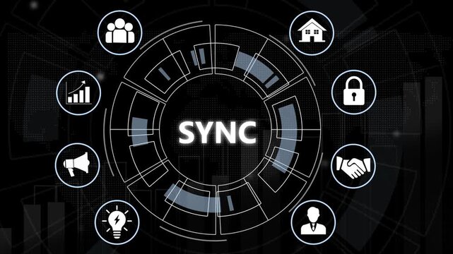 Digital synchronization concept featuring animated circular hud interface with integrated business for global connectivity, data management, network integration, and corporate strategy visualization
