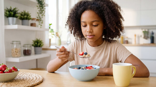 Young girl with curly hair enjoys breakfast cereal with berries in a bright kitchen, cup of tea and strawberries on the table
