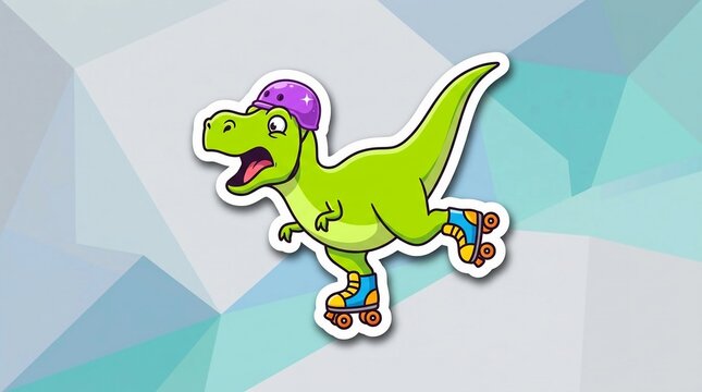 Green cartoon T-Rex dinosaur sticker character wearing a purple helmet and blue roller skates, wobbling on one leg with a shocked expression on a geometric polygon background.