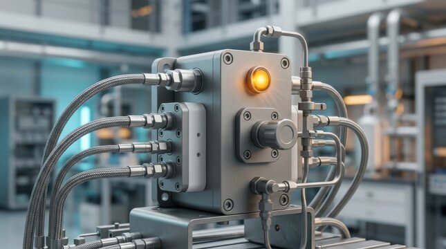 Complex industrial control unit with illuminated button and connected cables.