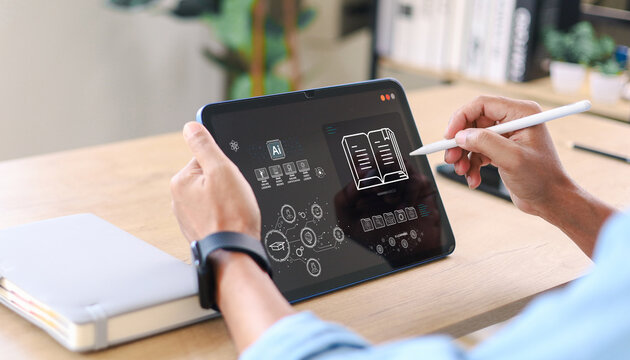 Person using a digital tablet with stylus to explore AI-powered e-learning, online education, digital books, knowledge management, and smart learning technology.