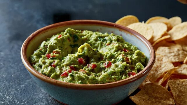 Hand dipping a tortilla chip into fresh homemade guacamole with avocado, tomatoes and herbs, served as a delicious Mexican appetizer