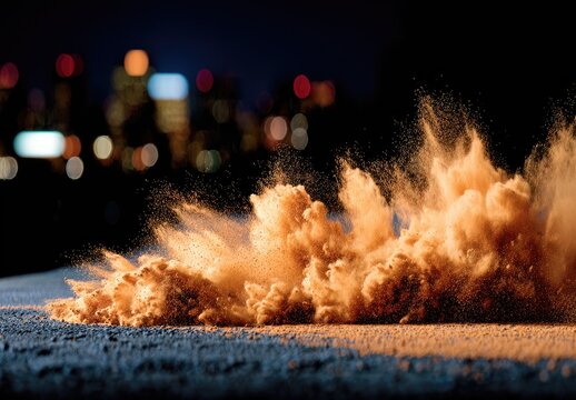 Sand erupts in a dramatic cloud at night, urban skyline in the background