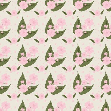 seamless pattern with pink flowers and green leaves