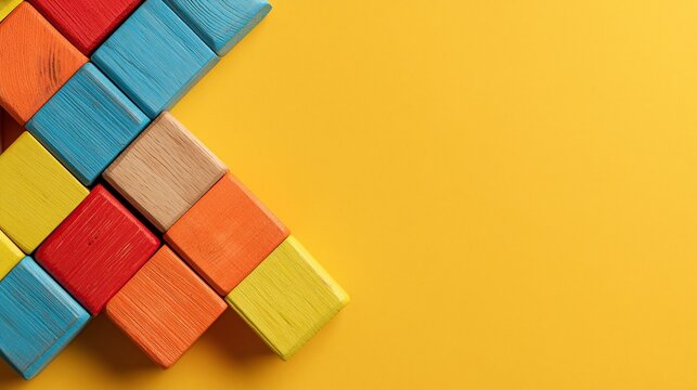 Colorful natural wooden building blocks stacked on corner of solid bright yellow background with large empty copy space ready for custom design