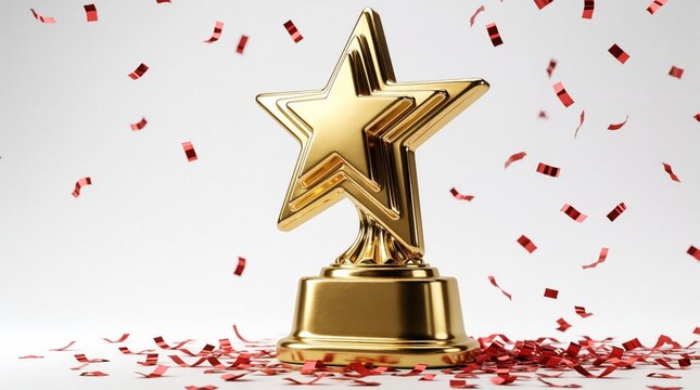 Gold star trophy rests on white surface with red confetti falling. Celebrates achievement and recognition, symbolizes success and best performance awards. Perfect for employee appreciation events.