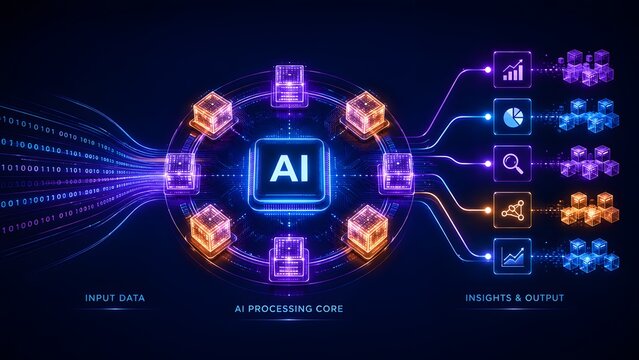 Artificial intelligence core efficiently processes complex input data streams, generating valuable insights and analytical outputs within a futuristic, interconnected digital technology environment.