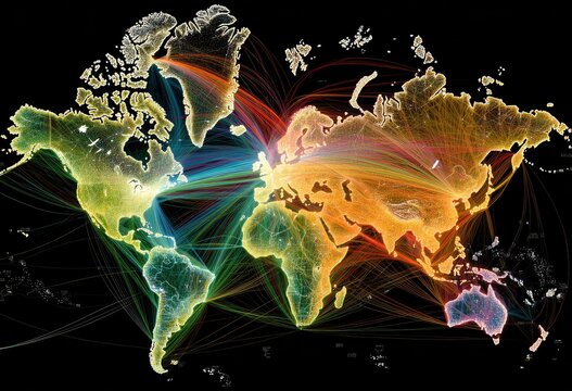 Global network map.  World map overlaid with vibrant, colorful lines representing global connections