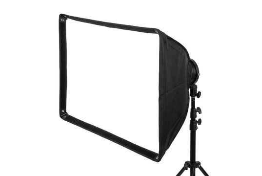 Professional studio square softbox light modifier on stand.