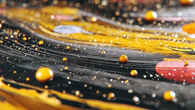 Abstract swirling paint texture with golden spheres