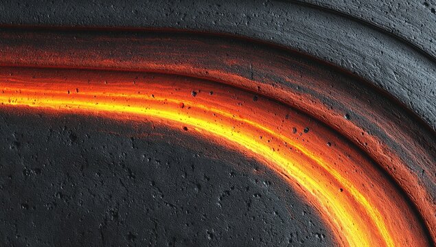 Molten core within dark, layered rock
