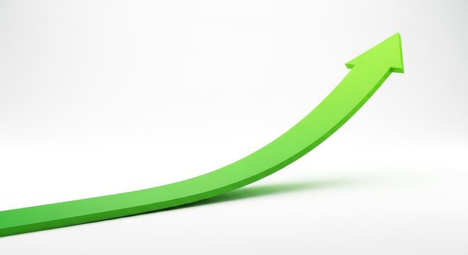 A bright green arrow ascends steadily against a clean white backdrop, showing a continuous path of progress from a low start to success, growth, peak, boost