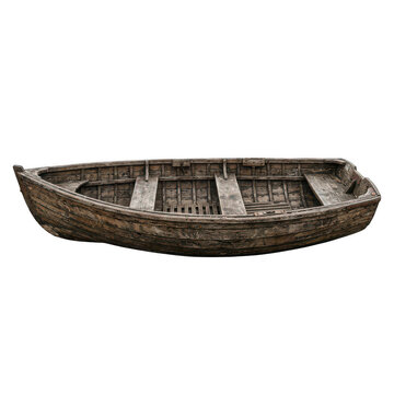 Old wooden rowboat isolated on white. Vintage rustic boat for nautical design projects.